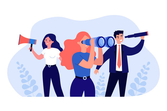Office workers holding megaphone, binoculars and spyglass. Business people searching for new opportunities or employees flat vector illustration. HR, recruitment, career concept for banner