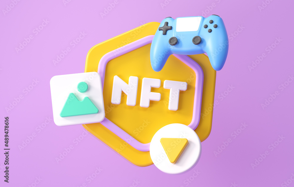 Poster nft non-fungible token with types of nft data of digital files, 3d nft icon symbol. 3d render illust