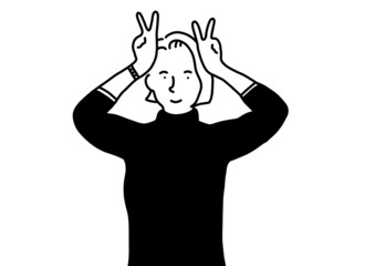 ダブルピースをしているショートカットの女性。