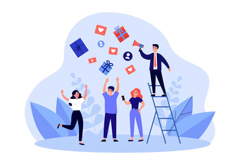 Businessman with loudspeaker advertising product or service. Happy customers getting gifts flat vector illustration. Marketing, promotion, loyalty program concept for banner, website design