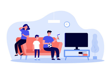 Family of football fans watching game on TV together. Mother, father and son cheering for soccer team from home flat vector illustration. Support, sports concept for banner or landing web page
