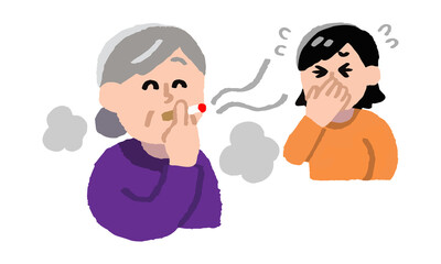	タバコを吸うシニア女性と煙たがる女性