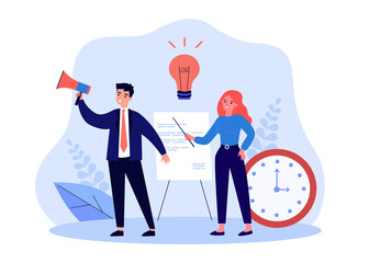 Office person with idea and businessman speaking into megaphone. Woman with business plan flat vector illustration. Time management, deadline, startup, marketing concept for banner or landing web page