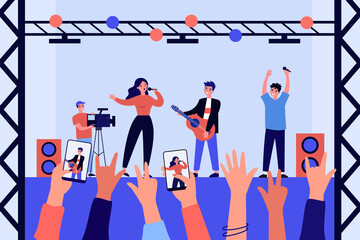 Hands of fans filming performance of music band on stage. Woman singing, man playing guitar flat vector illustration. Event, music, entertainment concept for banner, website design or landing web page - obrazy, fototapety, plakaty