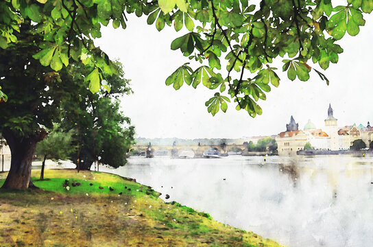 Prague, Czech Republic, view of the Charles bridge from Streltsy island in rainy weather. Watercolor drawing, palaces, bridges and parks in Prague. Travel postcard