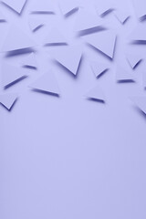 Delicate very peri light purple triangles soar as abstract random pattern with soft light shadows, border, copy space, vertical, top view. Contemporary sensitive abstract background.