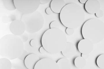 Abstract geometric texture of white paper circles in shining light with soft shadows as mess pattern, top view. Simple delicate clean airy calm mosaic background in minimal style.