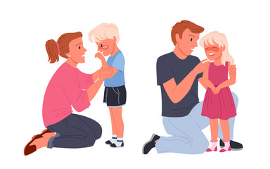 Worried mother and father calming down crying kids. Parenthood care and childhood problems, kid supporting moment and emotional comforting help cartoon vector illustration