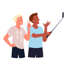 Male characters making selfie photo with stick vector illustration. Cartoon young persons take self picture, portrait for social media, men couple standing together with smile isolated on white