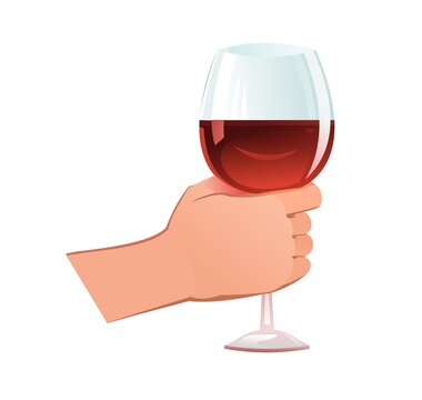Right hand with full glass of red wine. Object isolated on white background. Funny cartoon style. Vector