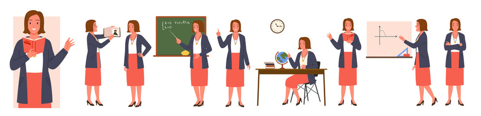 Female teacher characters with different poses set vector illustration. Cartoon woman holding pointer and book, teaching math at blackboard, lady showing and explaining lesson isolated on white