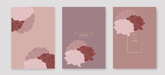 Luxury Botanical Cards Vector Set with Line Art Flowers. Abstract Floral Invitation Line Art Drawing with Flowers and Gold Lines. Minimal Wedding Card Design.