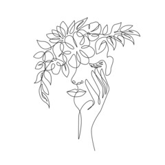 Woman with Flowers Line Art Drawing. Female Floral Head. Woman with Leaves Art for Wall Decor, Print, Poster. Perfect for Home Decor, Wall Posters, or t-shirt Print, Mobile Case. Vector EPS 10