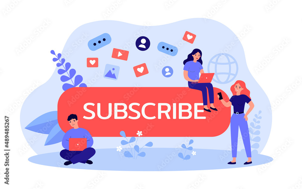 Poster tiny content creators sitting on subscribe button. cartoon characters with laptops flat vector illus