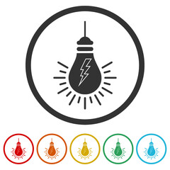 Hanging light bulb with flash ring icon, color set