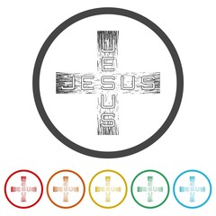 Jesus cross ring icon, color set