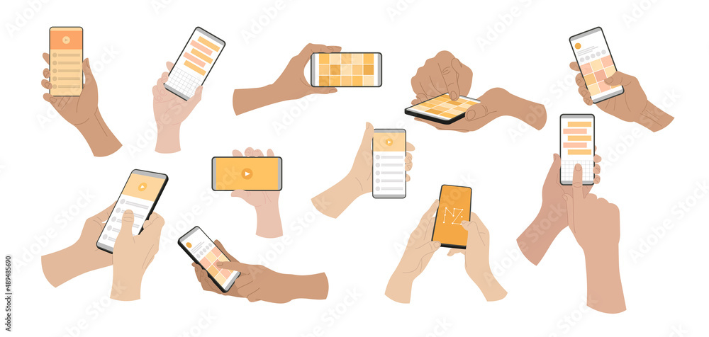 Poster hands of people using mobile apps in smartphones set. vector illustrations of person showing actions