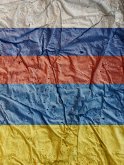 Russia and Ukraine flag rough texture and pattern, 3d-render and painted wall. Portrait flag background and conflict concept.