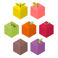 Vector. isometric cube collection. yellow pink green orange red purple and brown colored fruits icon