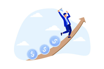 Obraz premium Investment profit and earning, stock market growth or fund flow depend on interest rate and inflation concept, businessman investor, fund manager holding flag lead money coins running up rising graph.