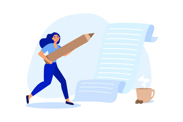 Content writer, blogger, bullet journalist or publishing editor concept, young smart woman freelance holding big pencil thinking and writing content on notepad paper with cup of coffee.