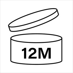 PAO cosmetic icon, mark of period after opening. Expiration time after package opened, white label. 12 month expirity on white background, vector illustration