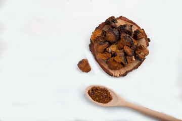 Pieces of chaga on a saw cut tree and a wooden spoon with chaga powder on a light background. Health concept. Copy spaes. Top view. Flatlay.