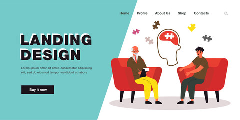 Doctor and patient putting brain puzzle in head together. Man visiting psychiatrist flat vector illustration. Mental health, psychology, therapy concept for banner, website design or landing web page
