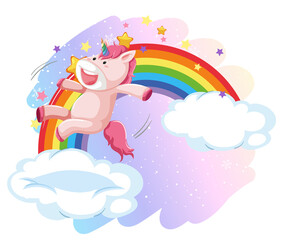 Obraz na płótnie Canvas Pink unicorn jumping on a cloud with rainbow