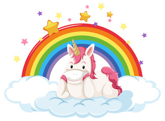 Obraz na płótnie Canvas Pink unicorn lying on a cloud with rainbow