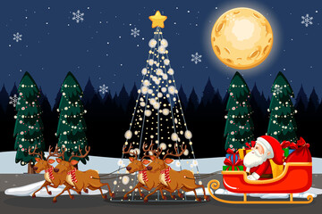 Christmas winter scene with Santa Claus on sleigh