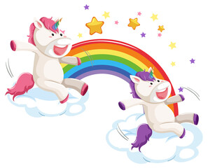 Cute unicorns sitting on a cloud with rainbow