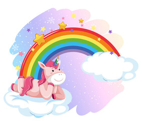 Pink unicorn lying on a cloud with rainbow in cartoon style