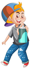 Teenager boy cartoon character with spray paint on white background
