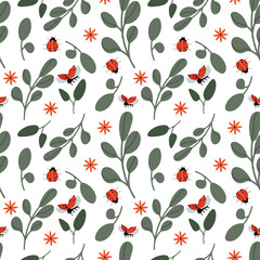 Vector ladybug seamless pattern. Insect ornament with red ladybugs on white background. Spring greenery pattern. Illustration for textile, fabric, cards, etc