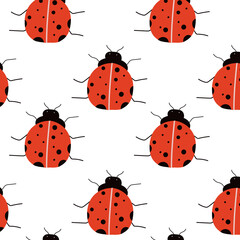 Vector ladybug seamless pattern. Insect ornament with red ladybugs on white background. Spring ditzy colorful pattern. Illustration for textile, fabric, cards, etc