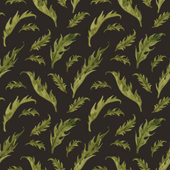 Vintage watercolor pattern with green leaves. Wild flowers hand drawn illustration. Meadow herbs on brown background.