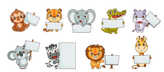 Set kids tropical animals with empty signs. Hippo, lion, elephant, giraffe, crocodile, zebra, sloth, tiger, koala. Vector illustration for designs, prints, patterns. Isolated on white background