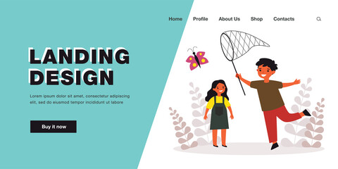 Boy catching flying butterfly with net. Cute little children playing together flat vector illustration. Summer game in playground, childhood concept for banner, website design or landing web page