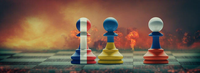 Ukraine, France and Russia conflict. 3D illustration.