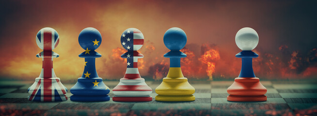 Ukraine, US, UK, EU and Russia conflict. 3D illustration. - obrazy, fototapety, plakaty