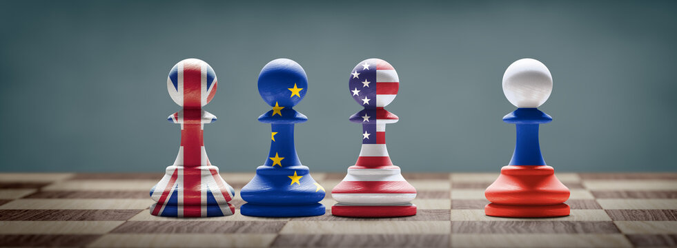 UK, US, EU And Russia Conflict. 3D Illustration.