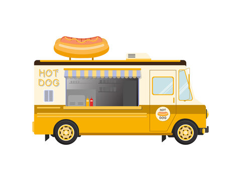 Hot Dog Food Truck Isolated On White Background. Amusement Park Street Food Market. Flat Vector Illustration.