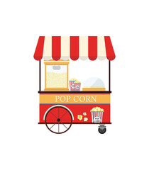 Popcorn cart carnival store isolated on white background. Amusement park food market. Colorful flat vector illustration.