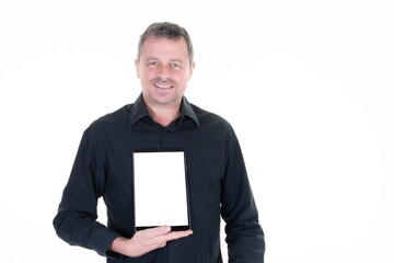 Man in black shirt presenting blank tablet screen white computer mockup