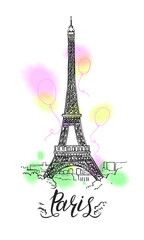 France. Vector sketch Paris. Hand drawn Eiffel Tower, lettering, bright watercolor stains.