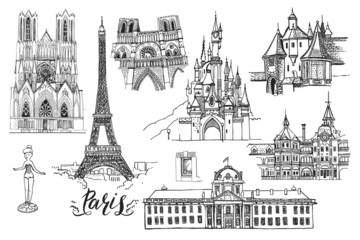 France. Paris. Vector sketch town. Hand drawn public and religious buildings (disneyland, Eiffel Tower, Notre-Dame de Paris, Ecole Militaire, Reims Cathedral), lettering. - obrazy, fototapety, plakaty