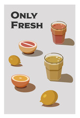 Banner for cafes, organic market shops. Advertising poster with the image of glass with juice of  citrus. Detox diet. Poster in the art deco style. 