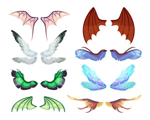 Dragon or magical monsters wings cartoon illustration set. Colorful wings of different shapes isolated on white background. Fantasy, mythical creatures, decorative emblems concept