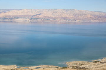 Top view from Masada fortress to the Judean desert and the Dead Sea. High quality photo